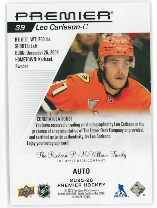 2025-26 Upper Deck Premier Autograph Leo Carlsson Auto 