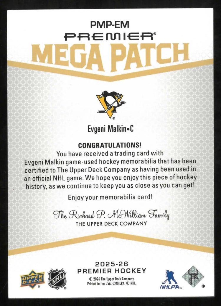 2025-26 Upper Deck Premier Mega Patch Chest Logo Evgeni Malkin /33 
