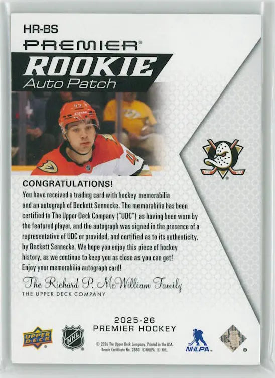 2025-26 Upper Deck Premier Rookie Patch Autograph Beckett Sennecke Auto /86 