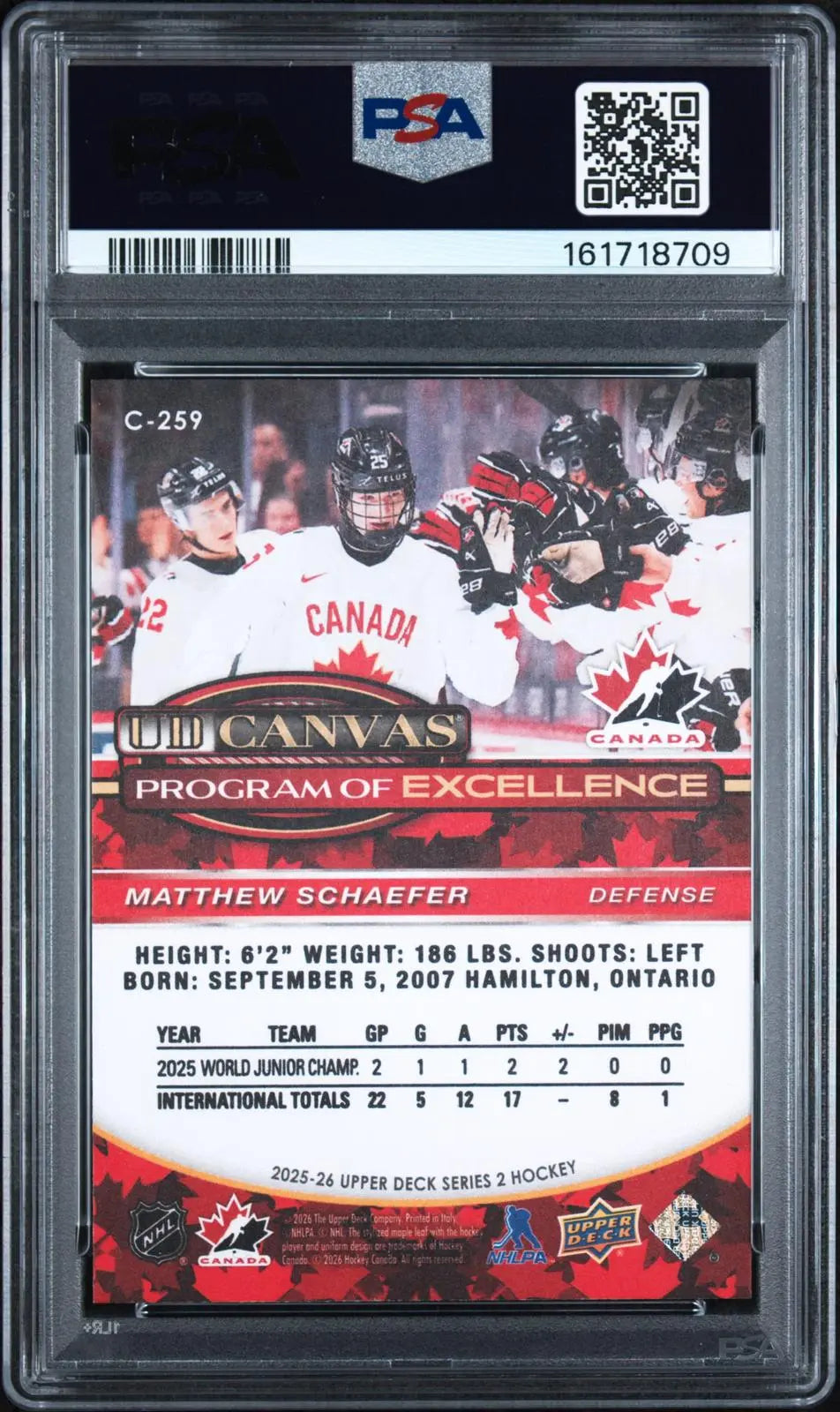 2025-26 Upper Deck S2 UD Canvas Program of Excellence Matthew Schaefer PSA 10 