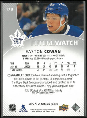 2025-26 Upper Deck SP Authentic Future Watch Rookie Autograph Easton Cowan/99 RC 