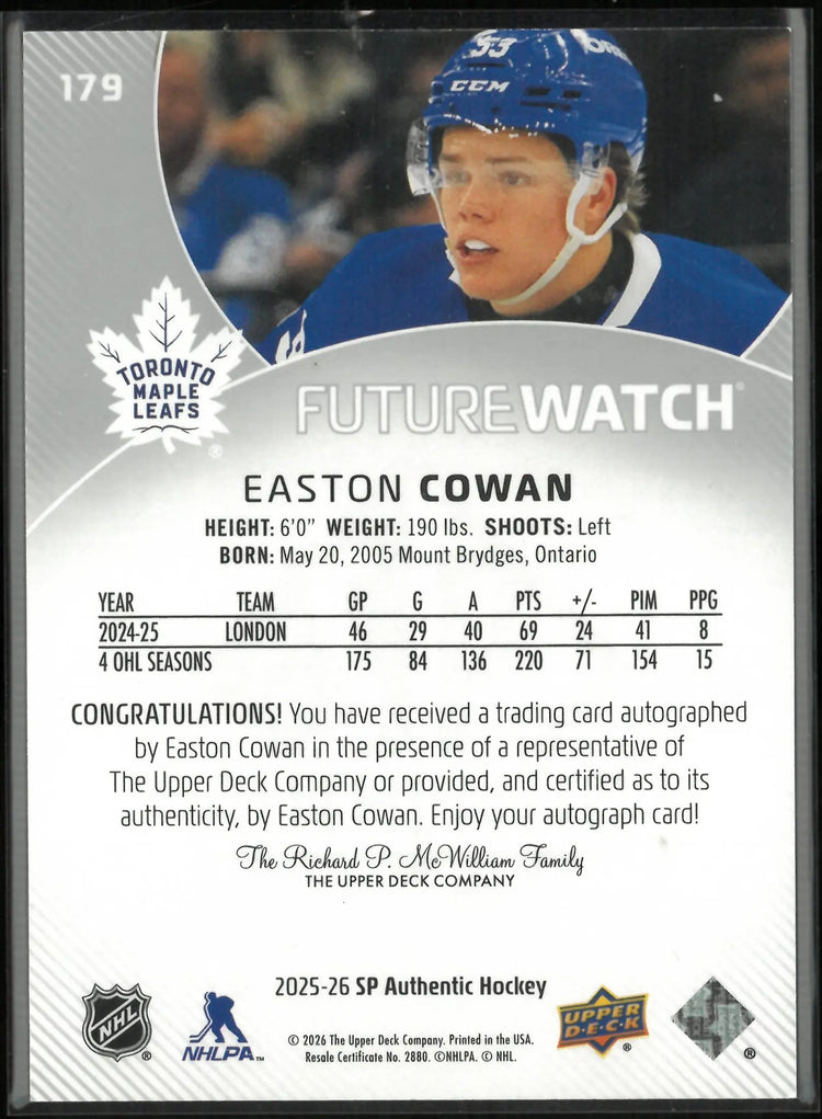 2025-26 Upper Deck SP Authentic Future Watch Rookie Autograph Easton Cowan/99 RC 