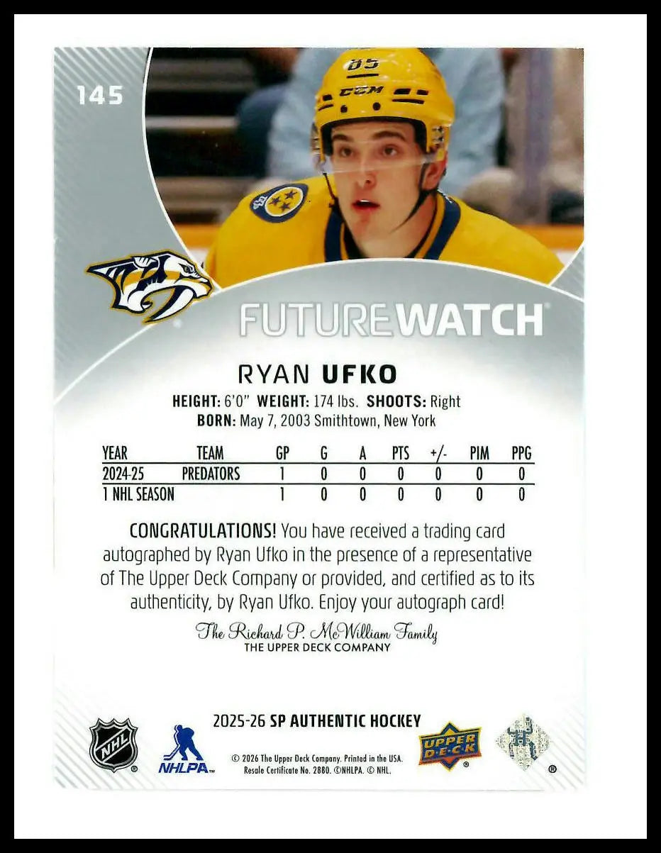 2025-26 Upper Deck SP Authentic Future Watch Rookie Autograph Ryan Ufko Auto/999 