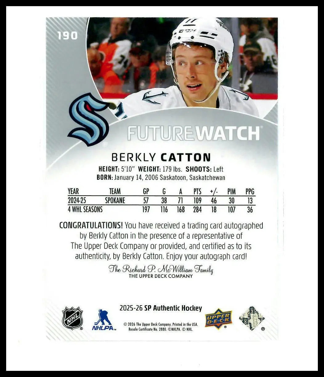 2025-26 Upper Deck SP Authentic Future Watch Rookie AutographBerkly Catton /999 