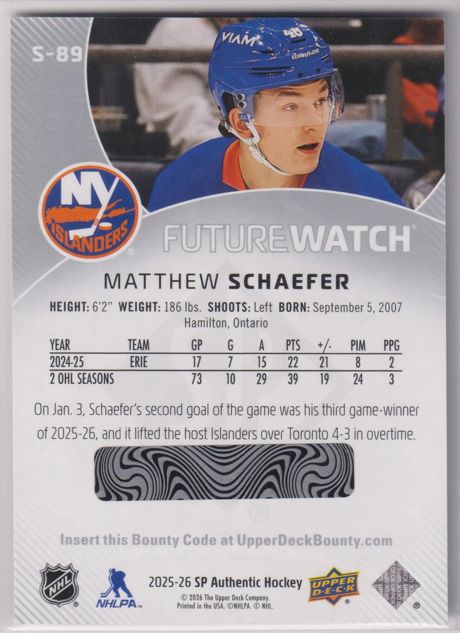 2025-26 Upper Deck SP Authentic Future Watch Rookie Matthew Schaefer RC 