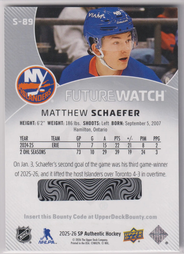 2025-26 Upper Deck SP Authentic Future Watch Rookie Matthew Schaefer RC 