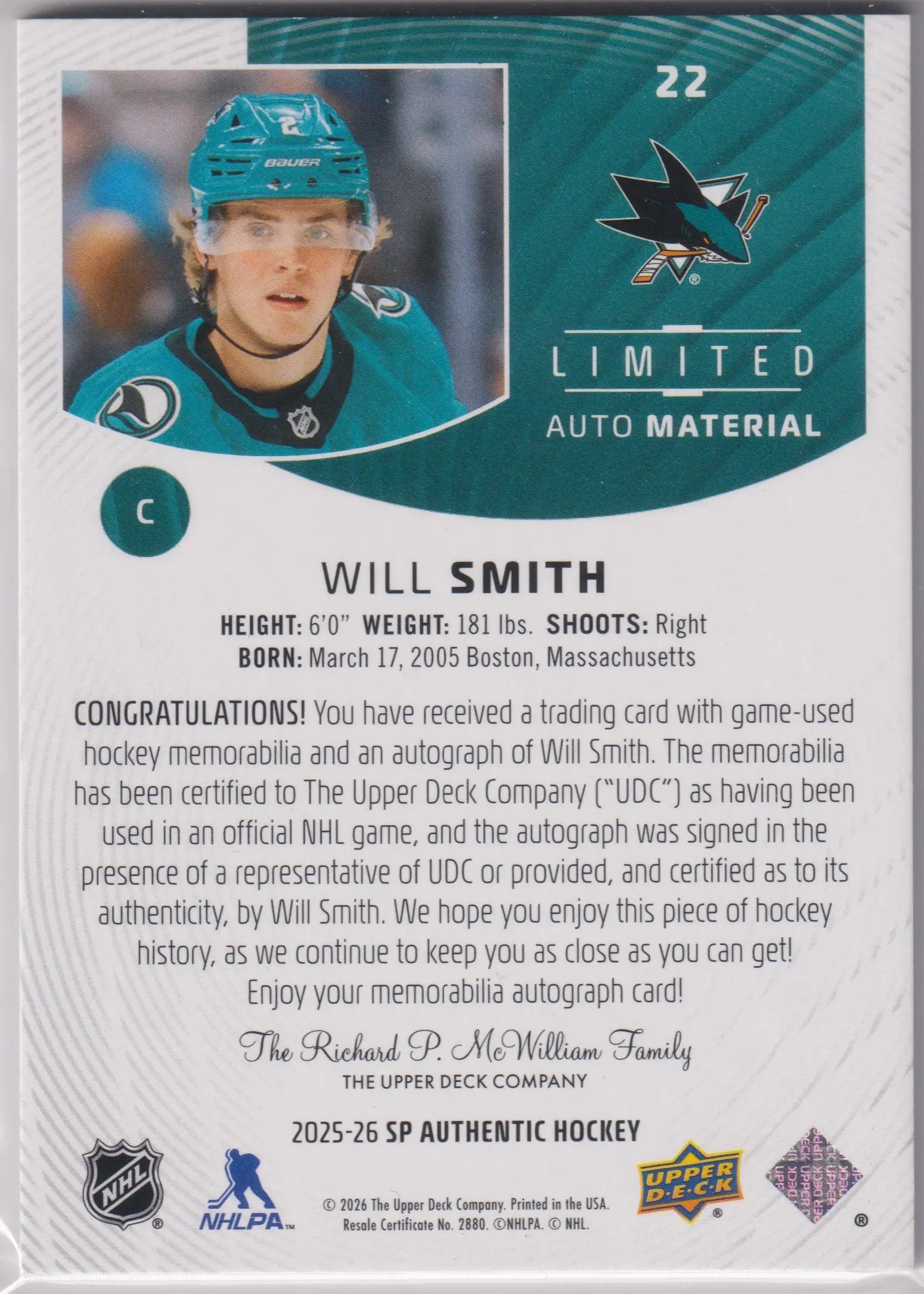 2025-26 Upper Deck SP Authentic Limited Autograph Patch Will Smith Auto /50 
