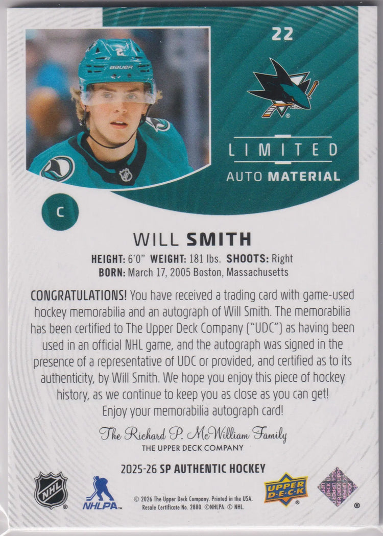 2025-26 Upper Deck SP Authentic Limited Autograph Patch Will Smith Auto /50 
