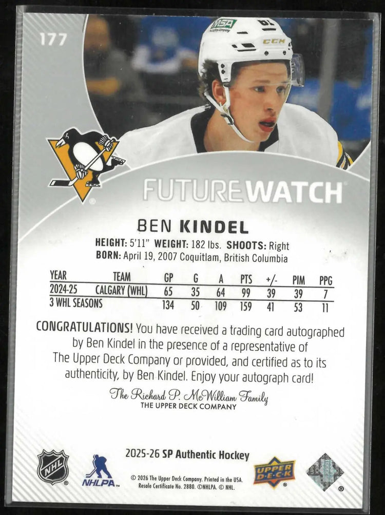 2025-26 Upper Deck SP Authentic Rookie Autograph Ben Kindel RC Auto /999 