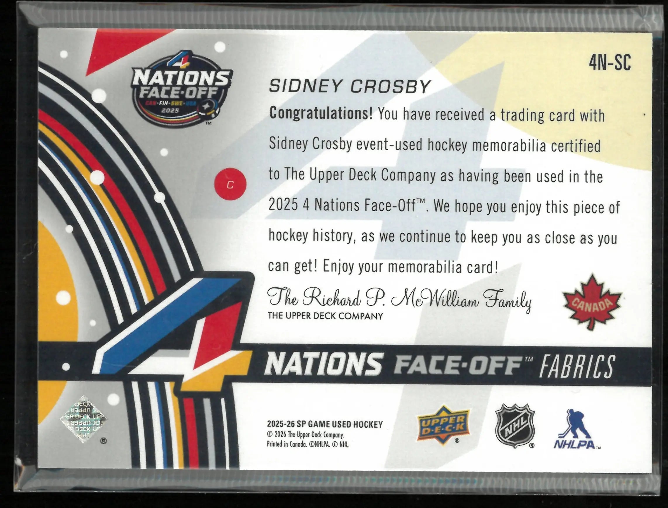 2025-26 Upper Deck SP Game Used 4 Nations Face Off Fabrics Sidney Crosby 
