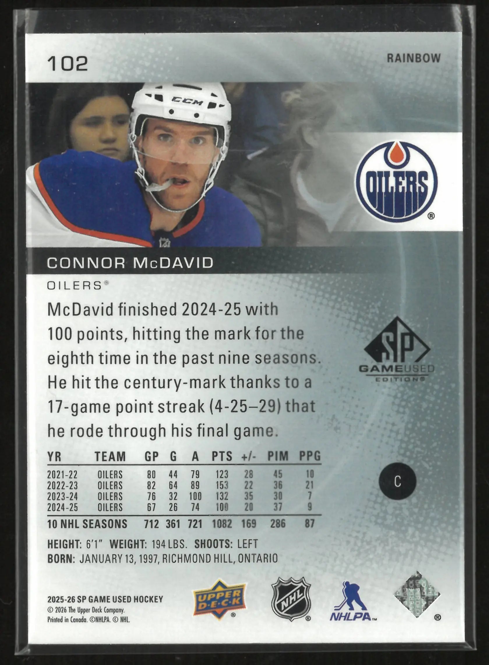 2025-26 Upper Deck SP Game Used Connor McDavid 102 Rainbow /97 