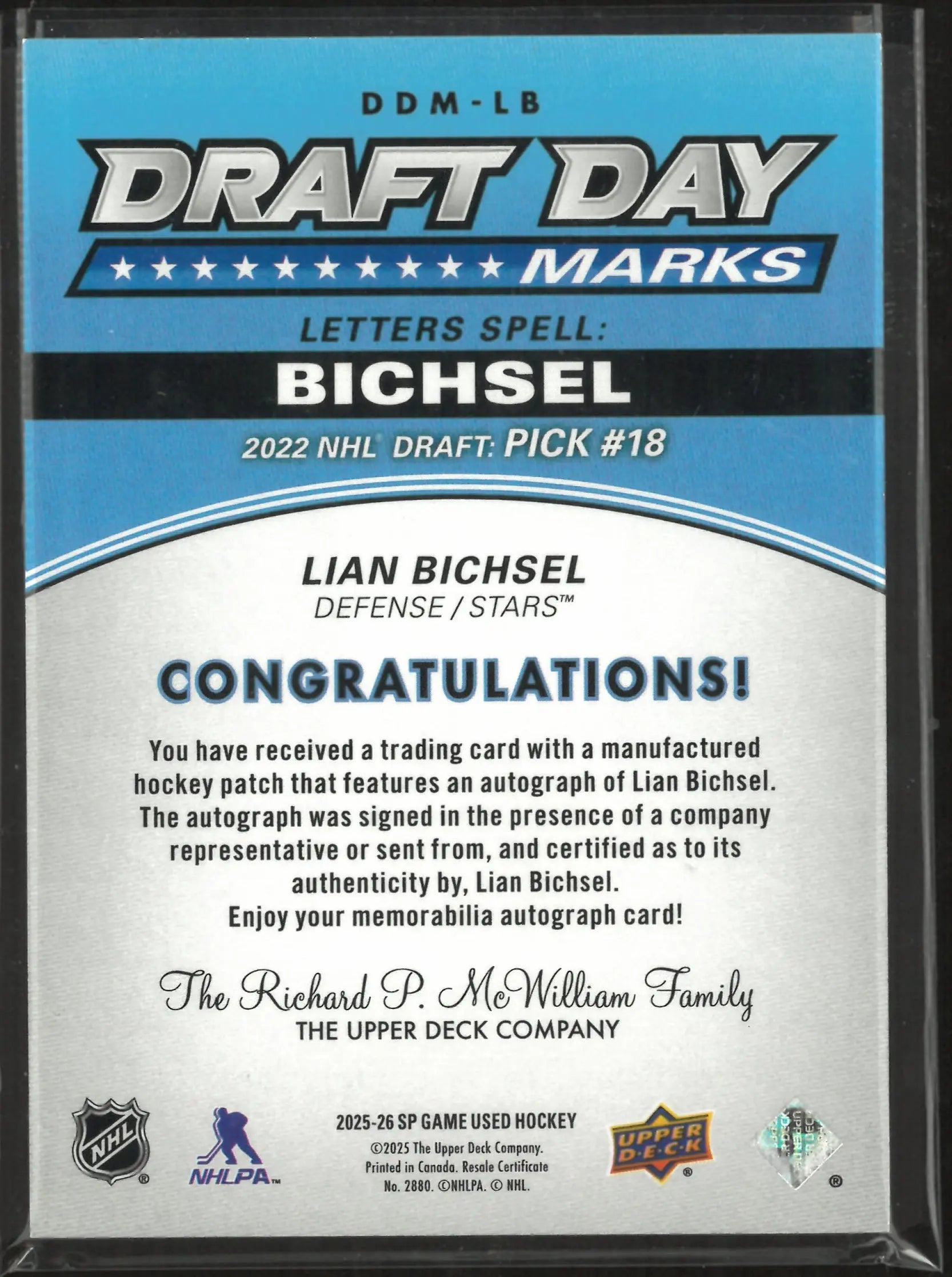 2025-26 Upper Deck SP Game Used Draft Day Marks Letters C Lian Bichsel Auto Patch /35 