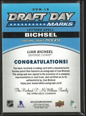 2025-26 Upper Deck SP Game Used Draft Day Marks Letters C Lian Bichsel Auto Patch /35 