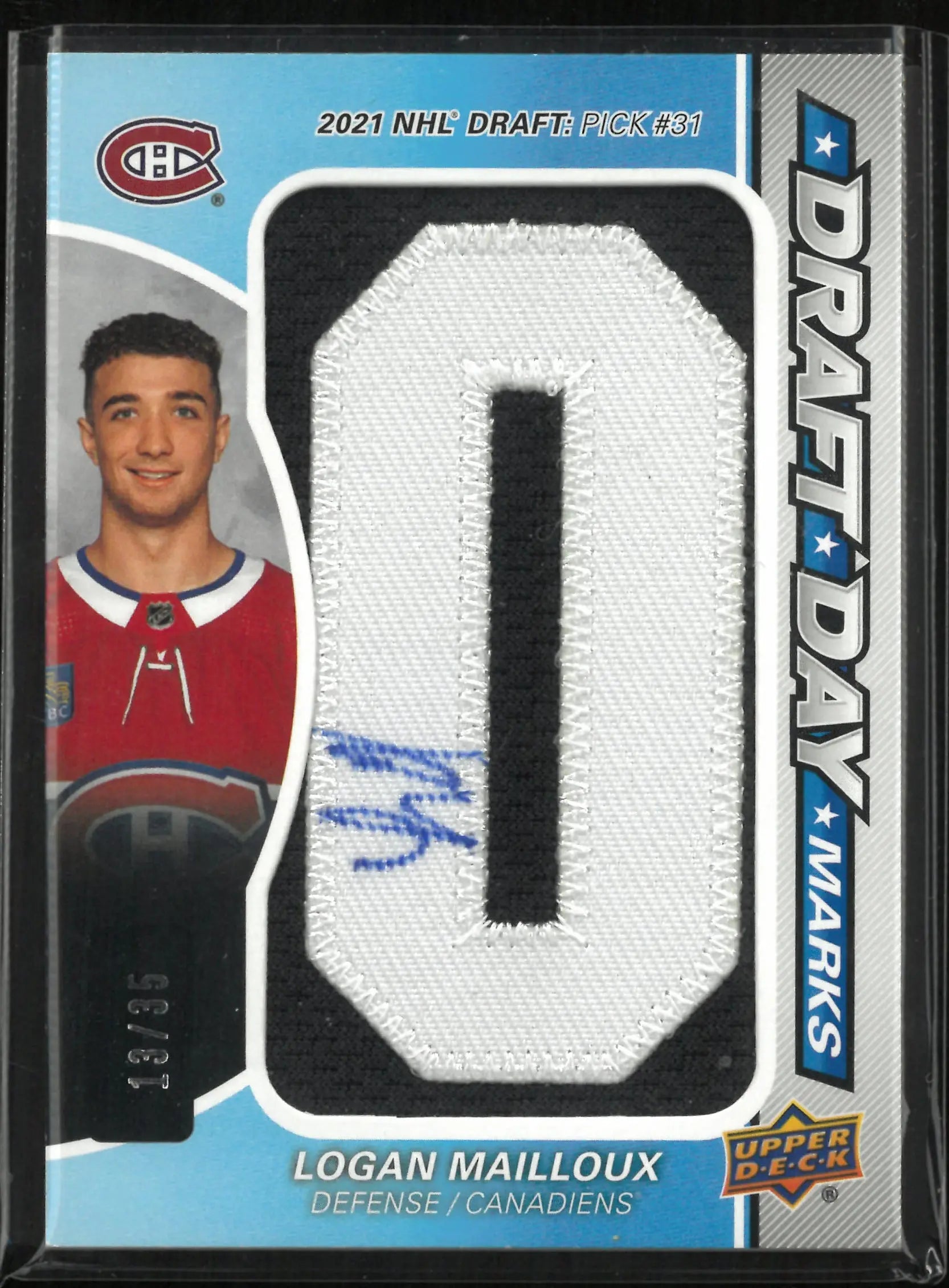 2025-26 Upper Deck SP Game Used Draft Day Marks Letters Spell Logan Mailloux Patch /35 