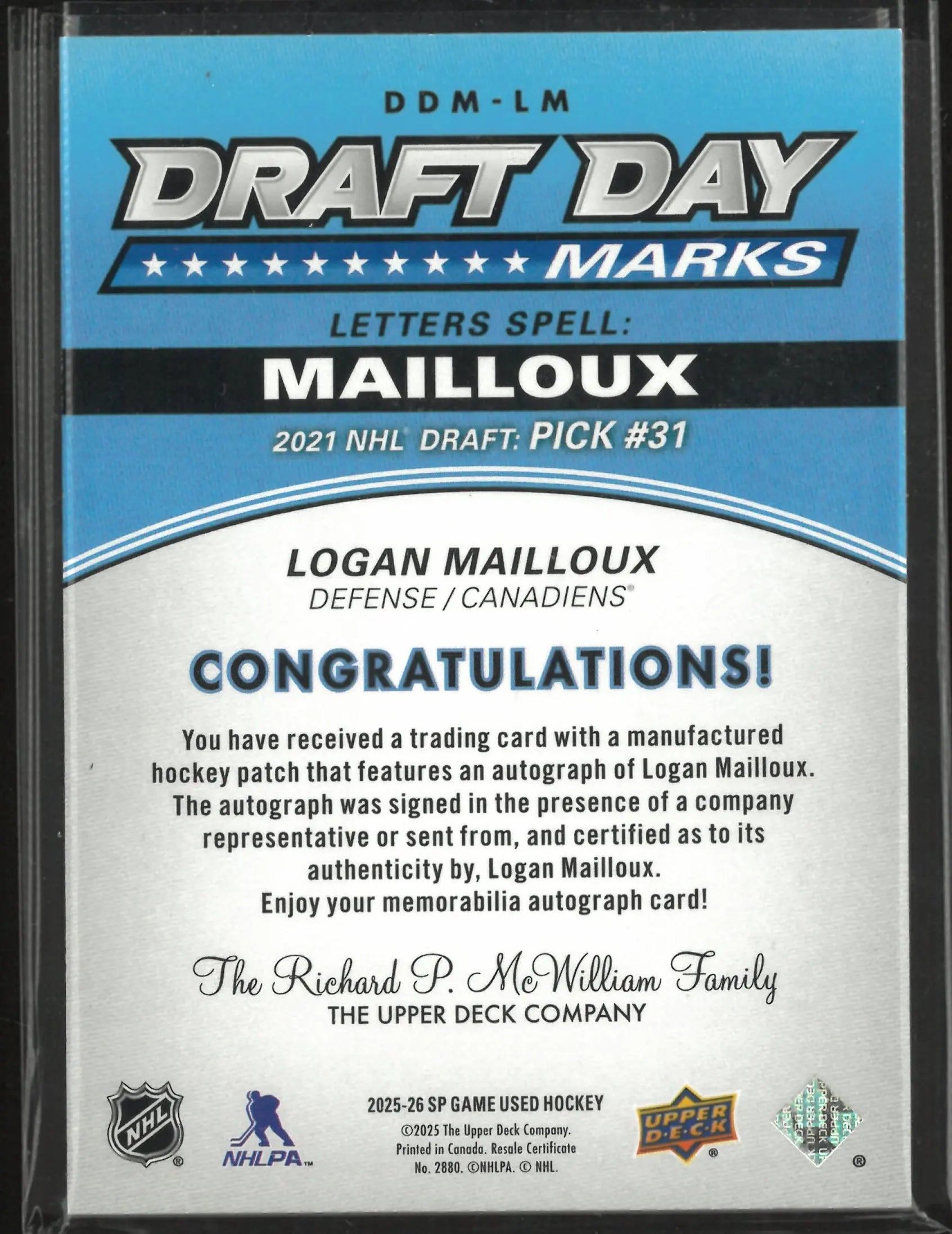 2025-26 Upper Deck SP Game Used Draft Day Marks Letters Spell Logan Mailloux Patch /35 