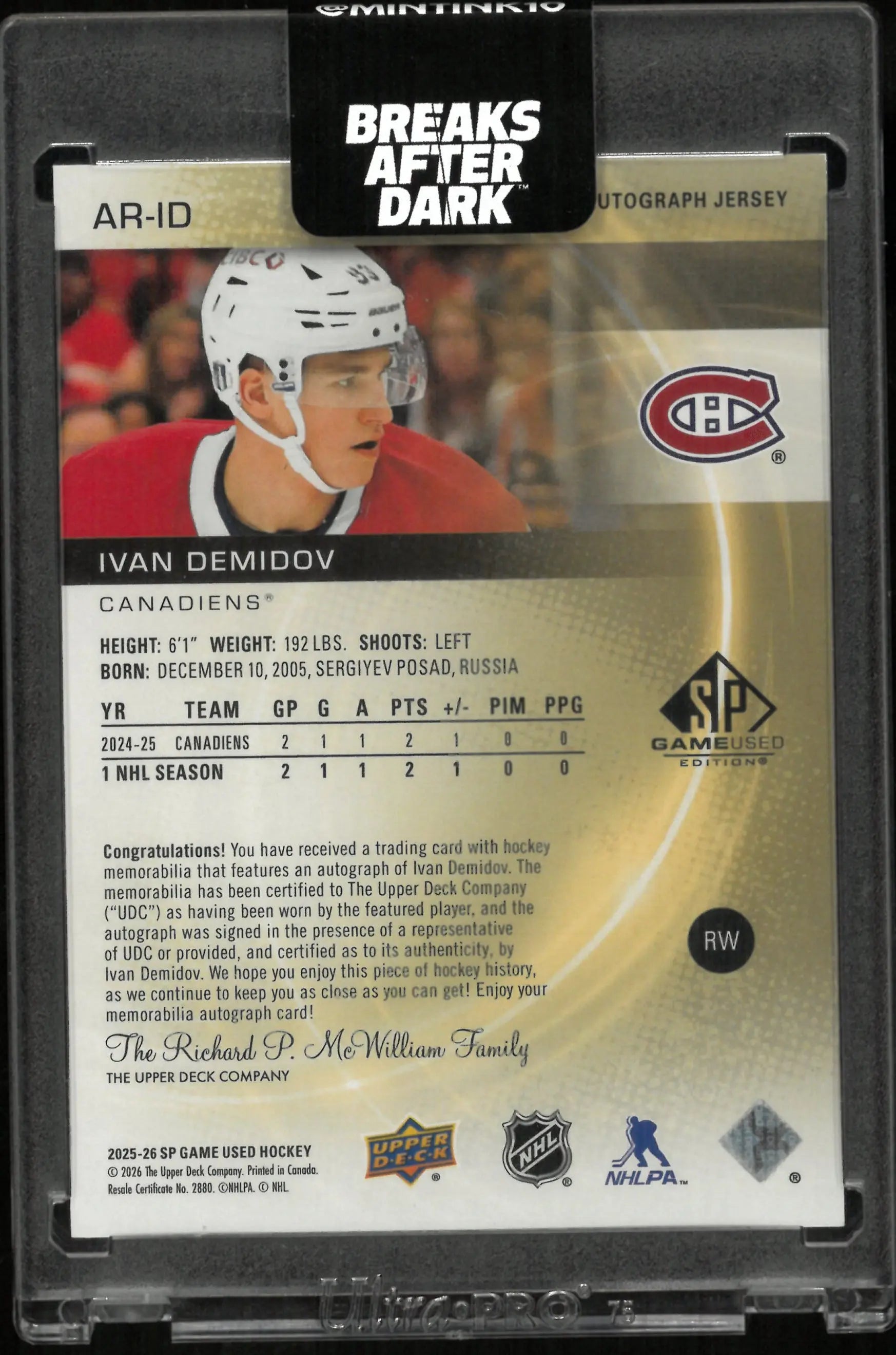 2025-26 Upper Deck SP Game Used Ivan Demidov Authentic Autograph Rookie Patch Red /49 