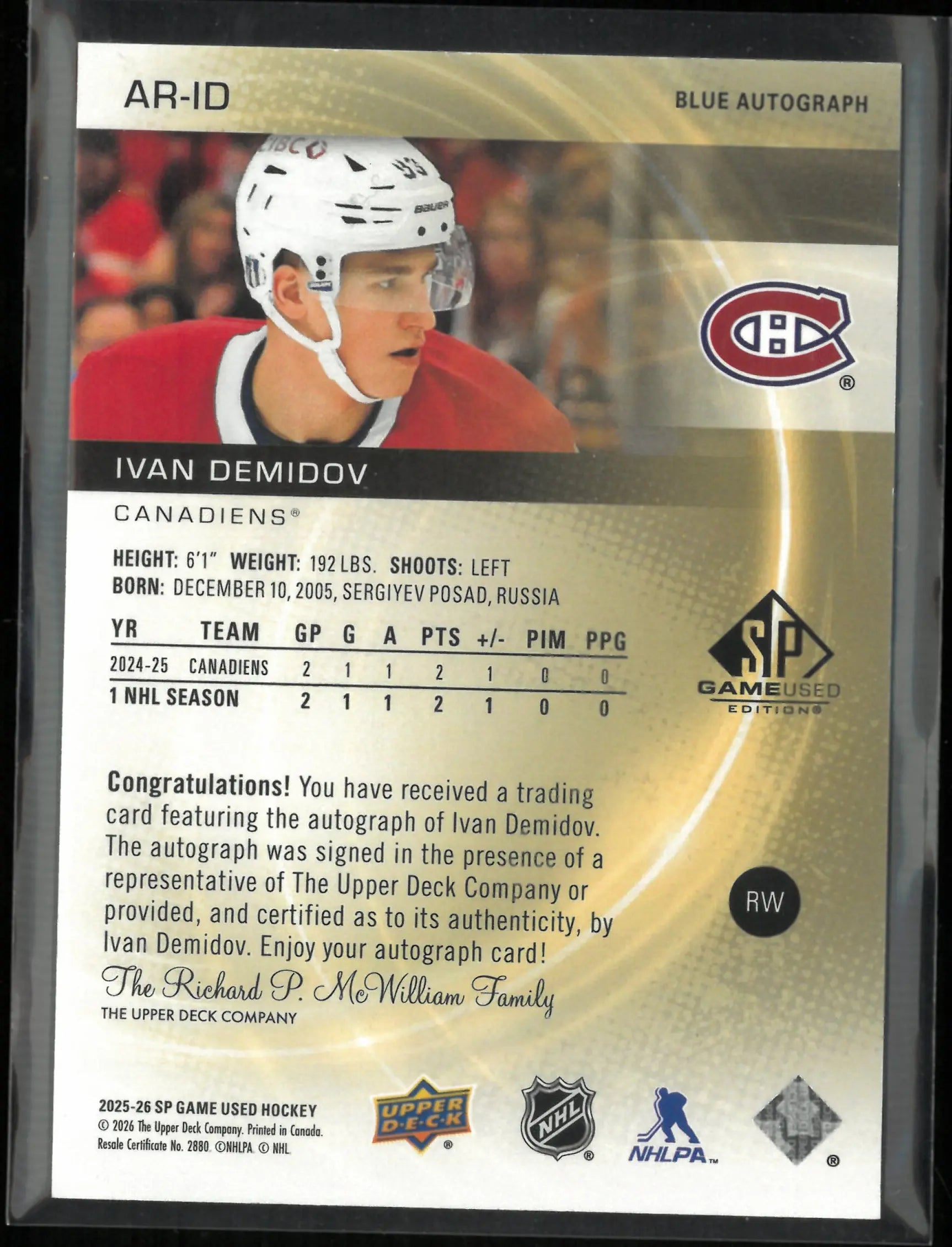 2025-26 Upper Deck SP Game Used Ivan Demidov Rookie Autograph 