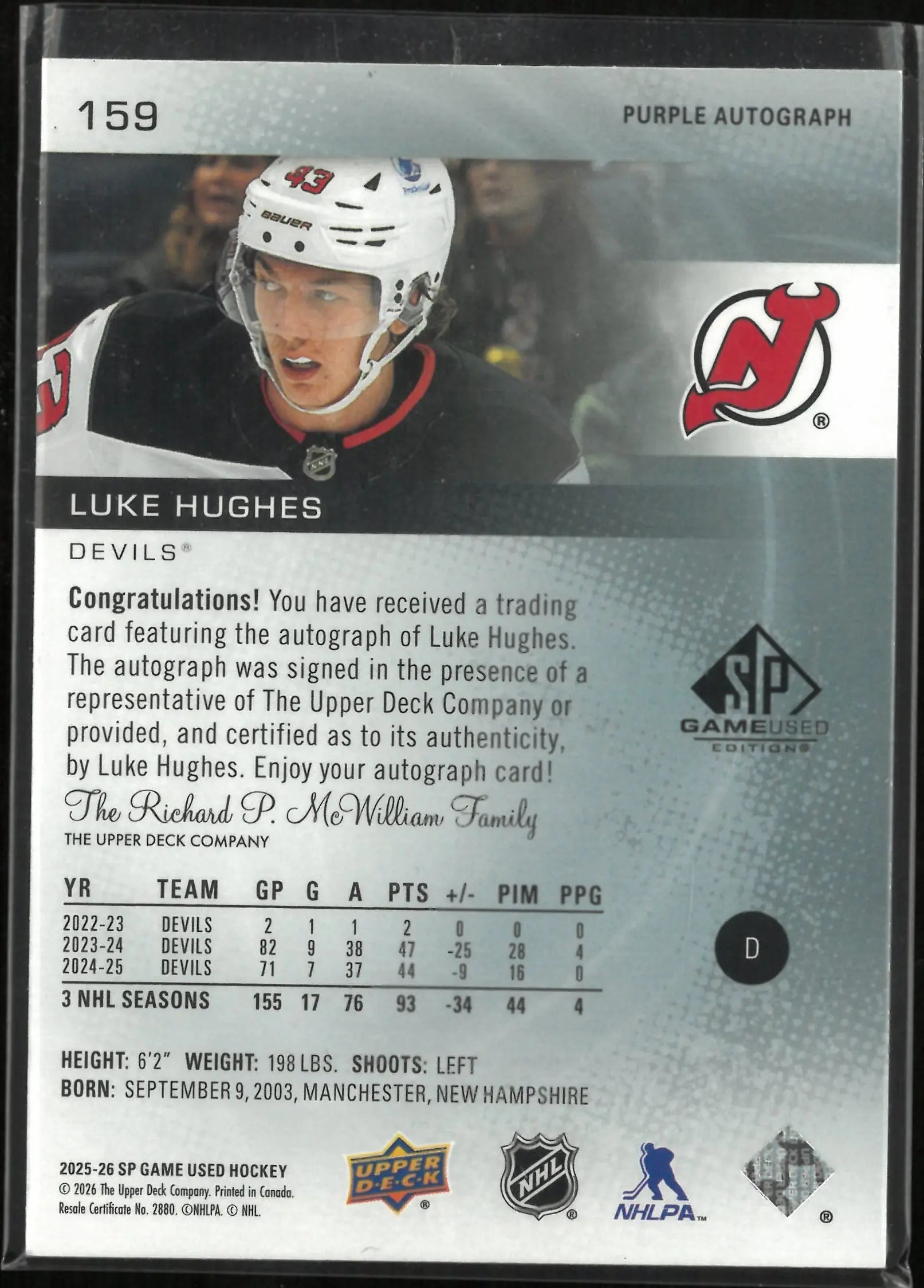 2025-26 Upper Deck SP Game Used Luke Hughes Purple Autograph Auto /5 