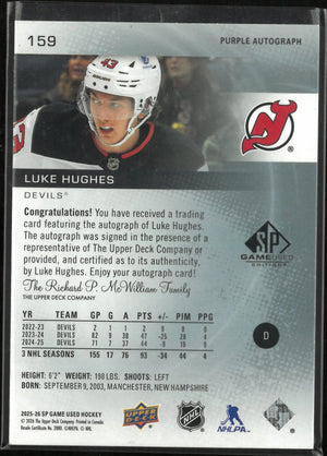 2025-26 Upper Deck SP Game Used Luke Hughes Purple Autograph Auto /5 
