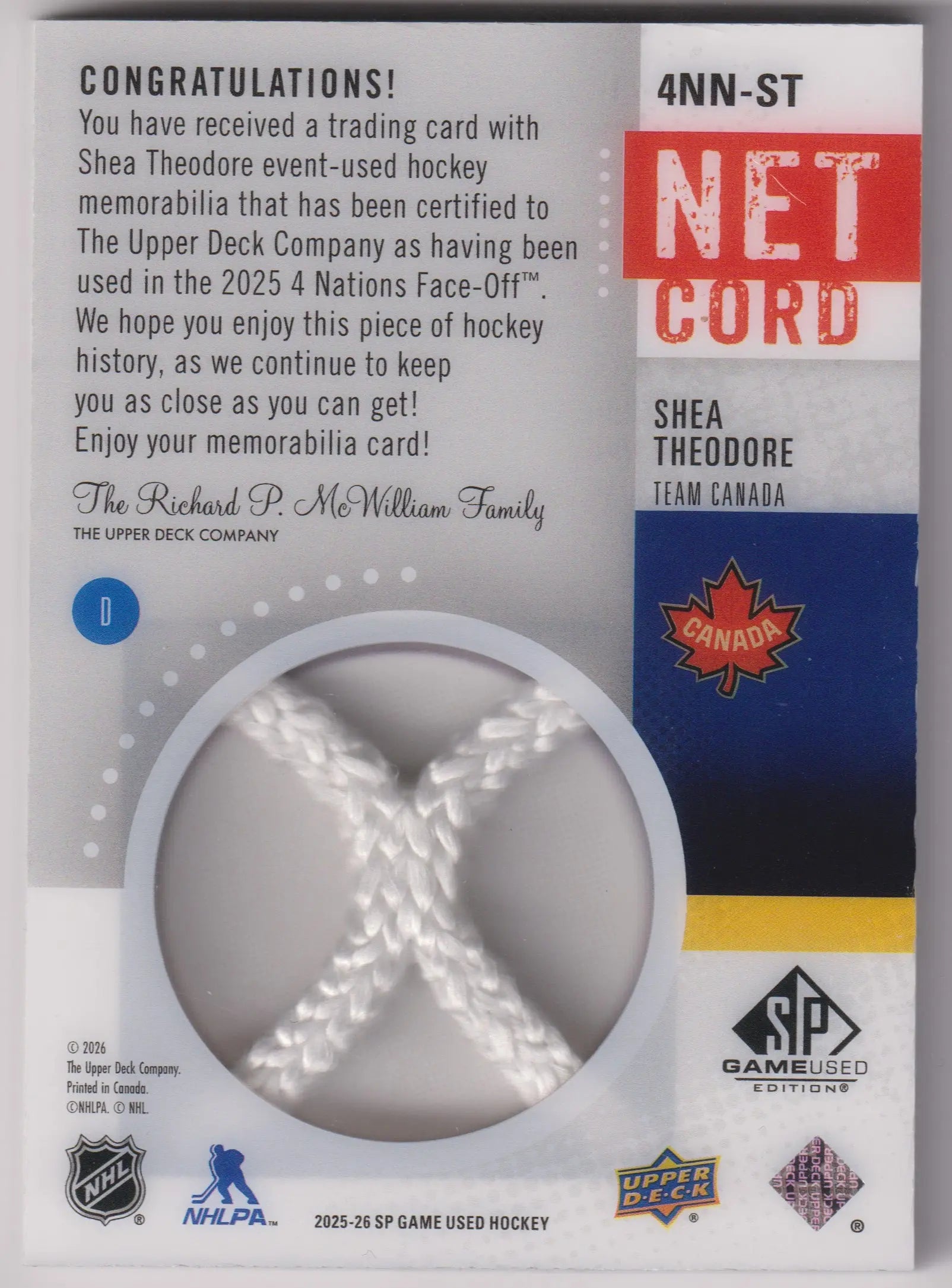 2025-26 Upper Deck SP Game Used Net Cord Shea Theodore /35 