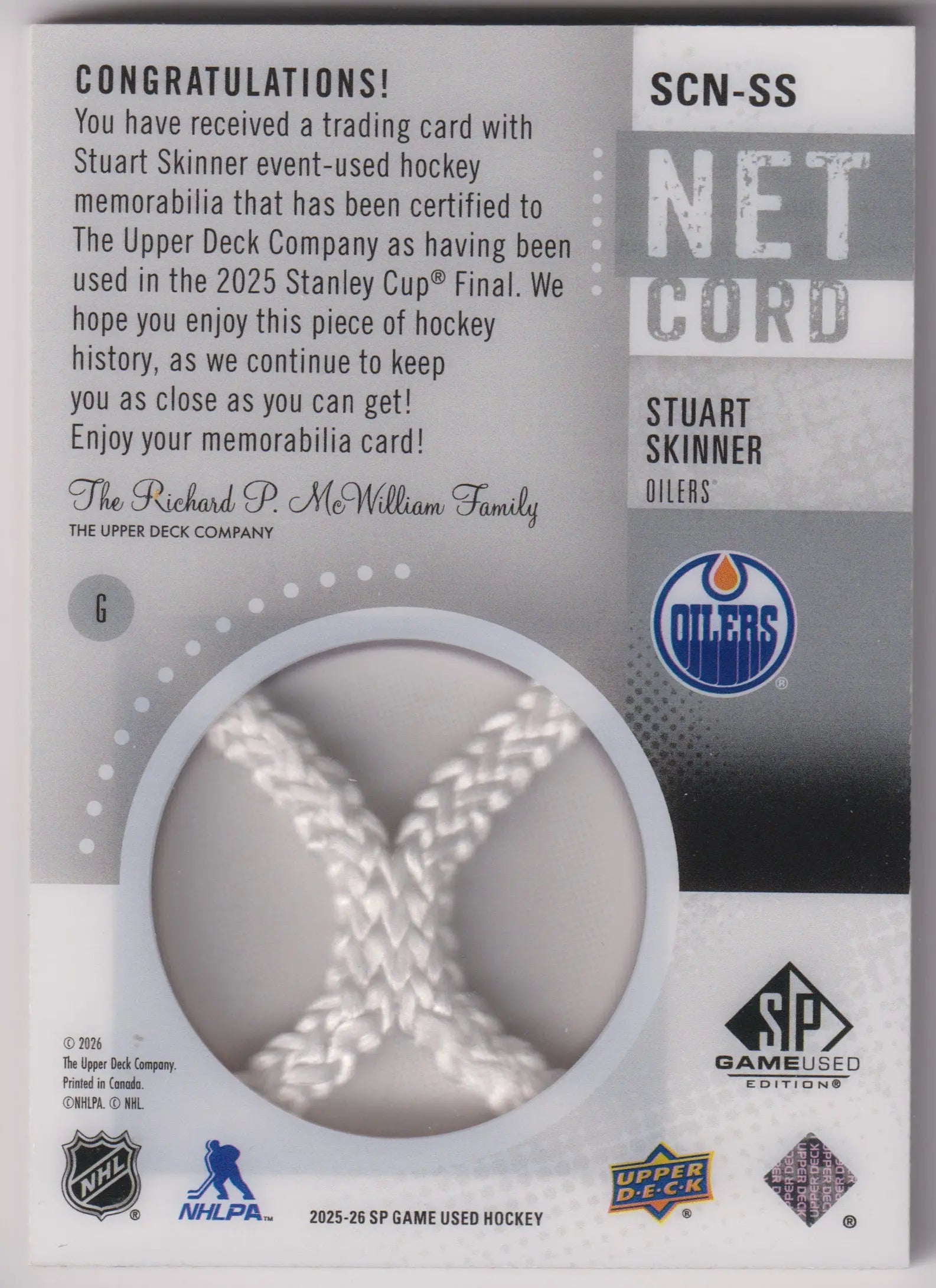 2025-26 Upper Deck SP Game Used Net Cord Stuart Skinner /25 
