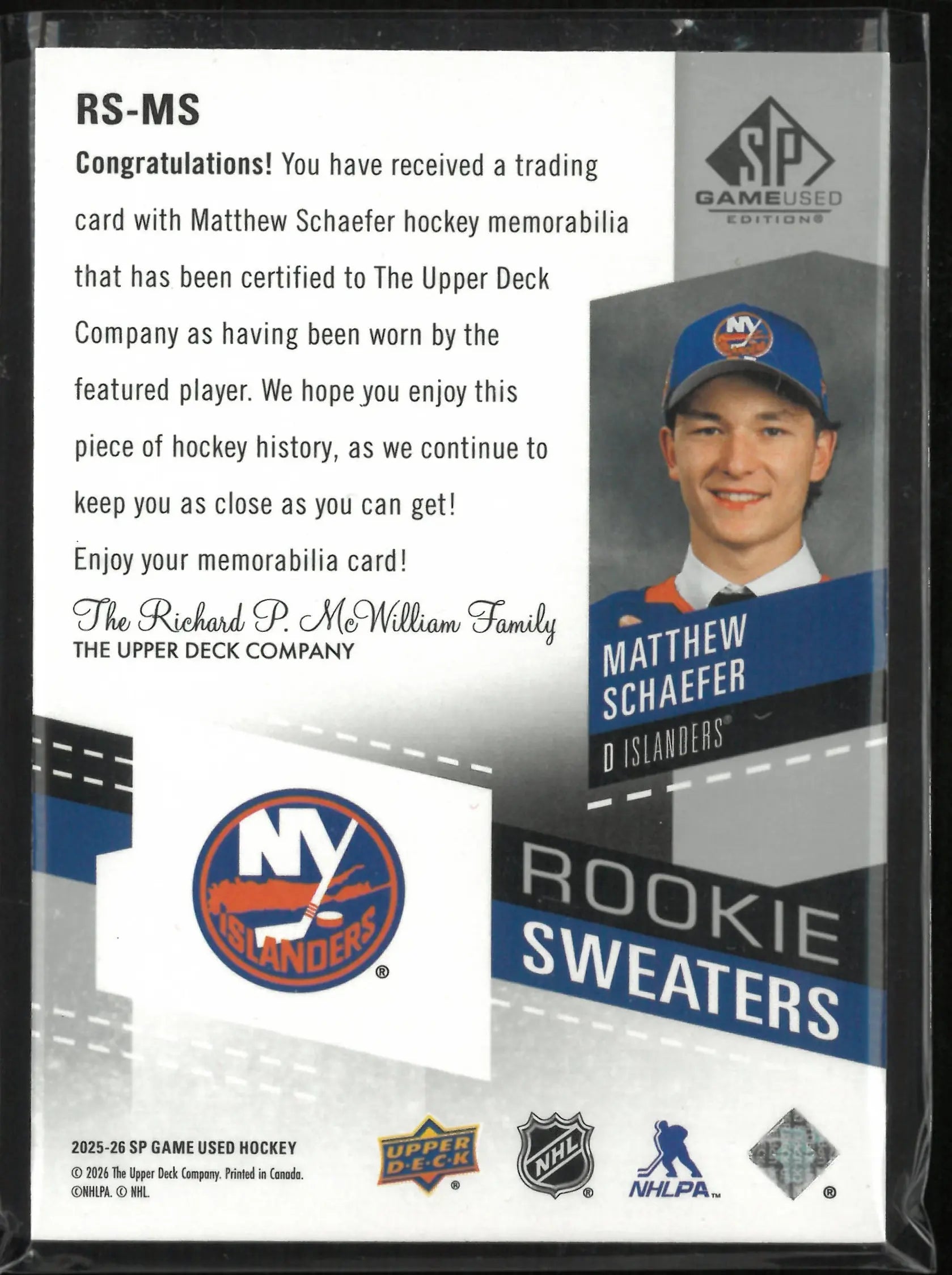 2025-26 Upper Deck SP Game Used Rookie Sweaters Matthew Schaefer /299 RC 