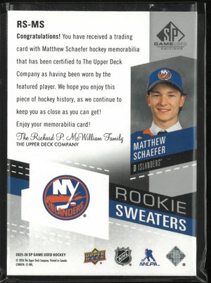 2025-26 Upper Deck SP Game Used Rookie Sweaters Matthew Schaefer /299 RC 