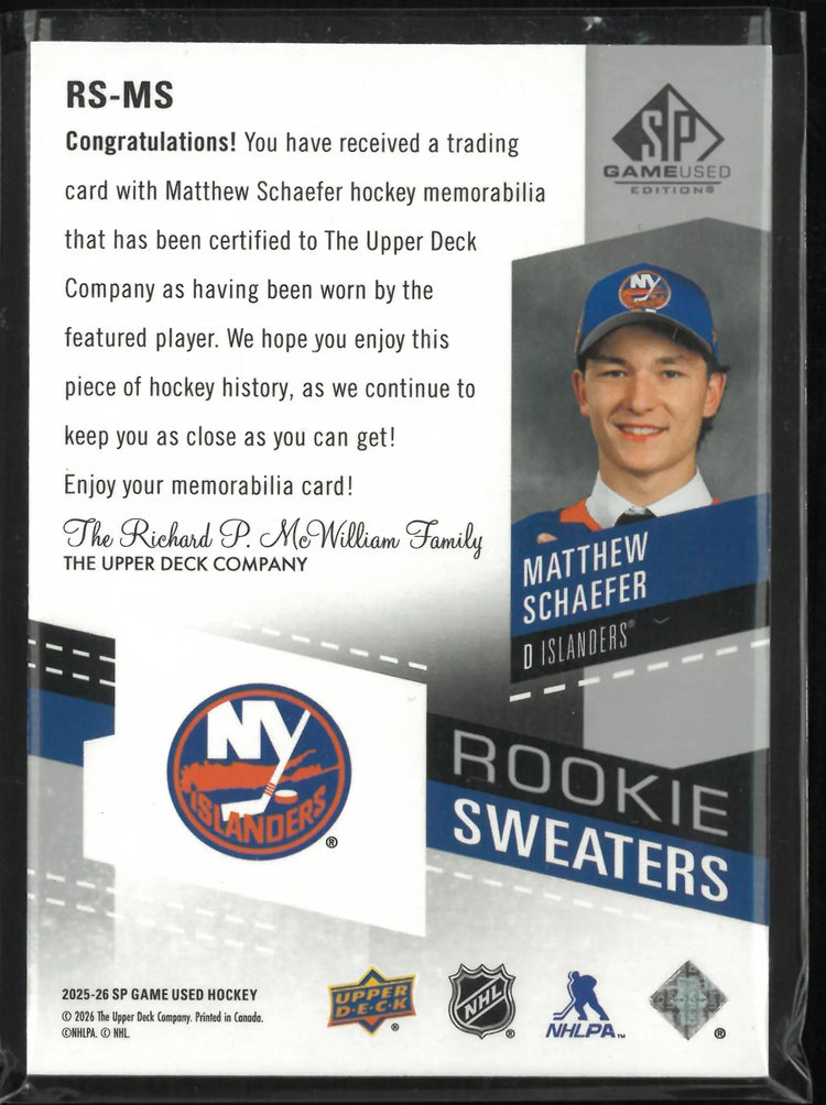 2025-26 Upper Deck SP Game Used Rookie Sweaters Matthew Schaefer /299 RC 