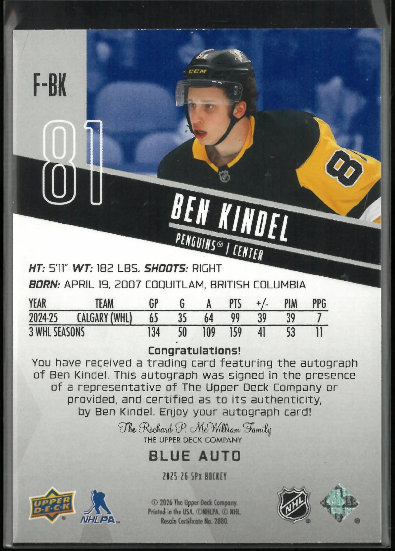 2025-26 Upper Deck SPx Blue Autograph Ben Kindel Auto /199 