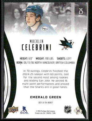 2025-26 Upper Deck SPx Hockey Emerald Green Finite Macklin Celebrini /199 