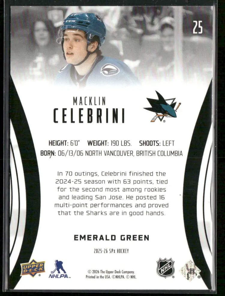 2025-26 Upper Deck SPx Hockey Emerald Green Finite Macklin Celebrini /199 