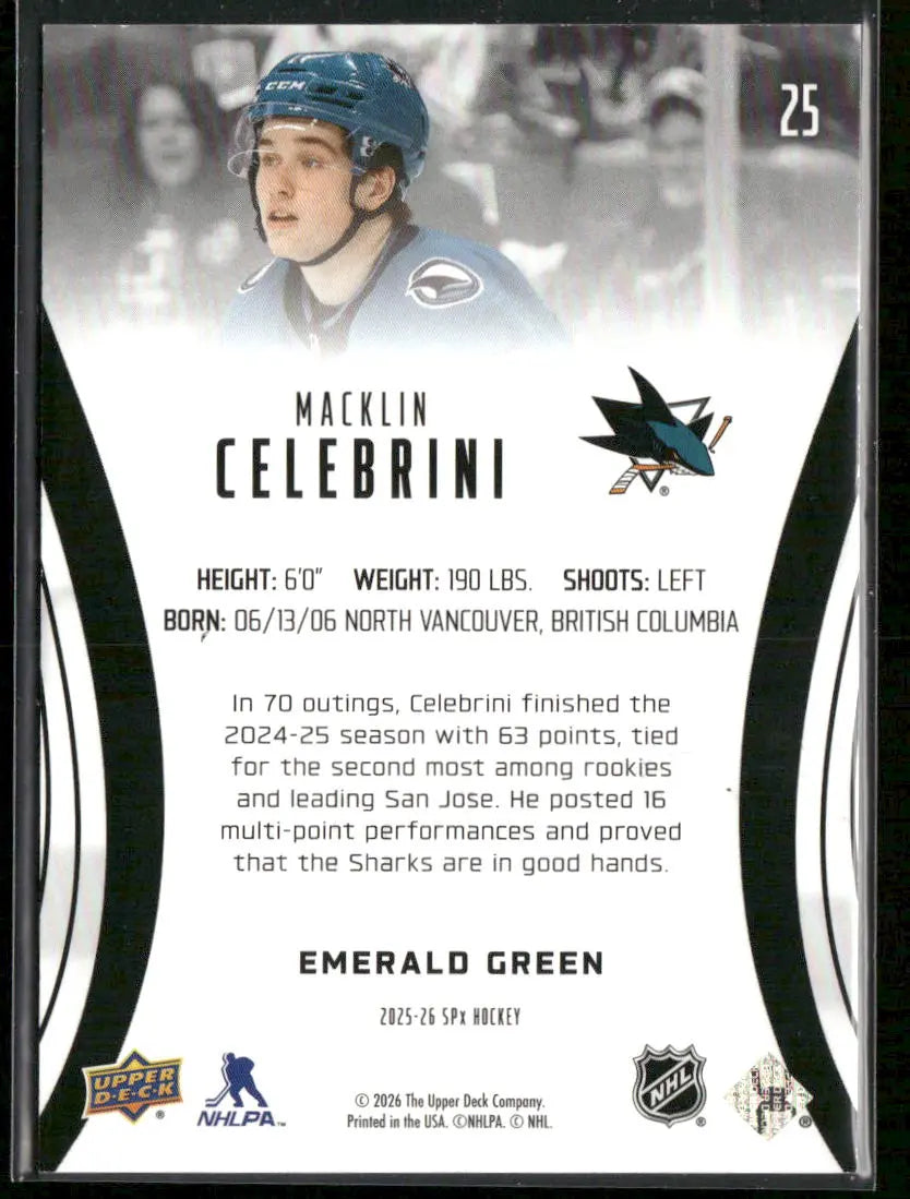 2025-26 Upper Deck SPx Hockey Emerald Green Finite Macklin Celebrini /199 