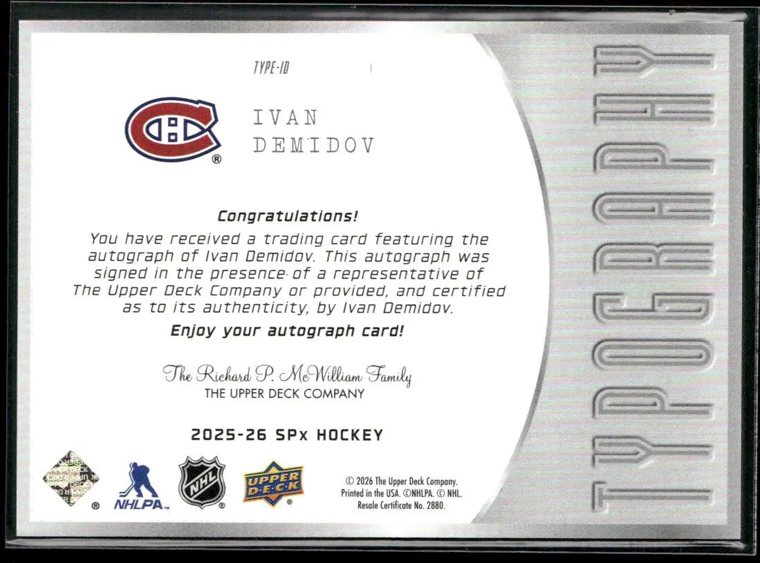 2025-26 Upper Deck SPx Hockey Typography Rookie Auto Ivan Demidov 
