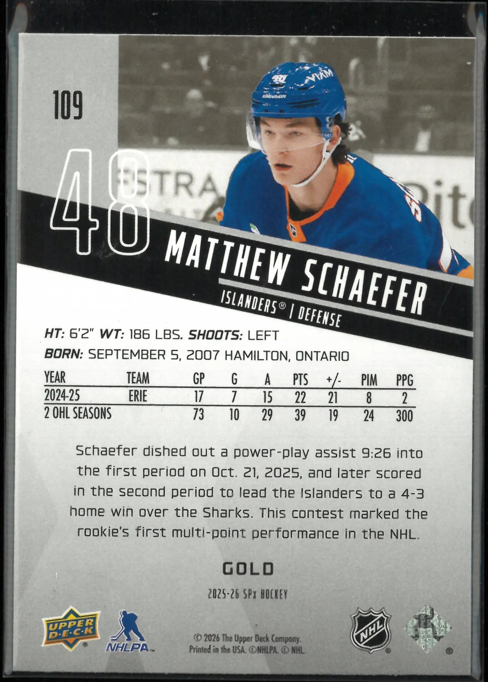 2025-26 Upper Deck SPx Rookies Matthew Schaefer Gold RC 