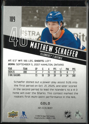 2025-26 Upper Deck SPx Rookies Matthew Schaefer Gold RC 