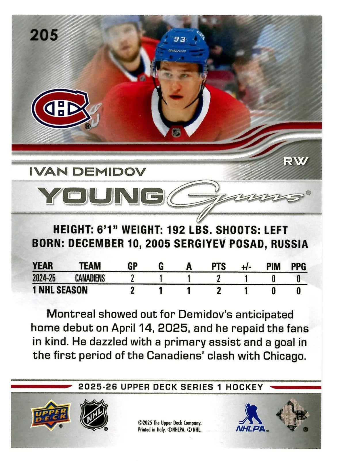 2025-26 Upper Deck Series 1 Hockey Rookie Young Guns Ivan Demidov RC 
