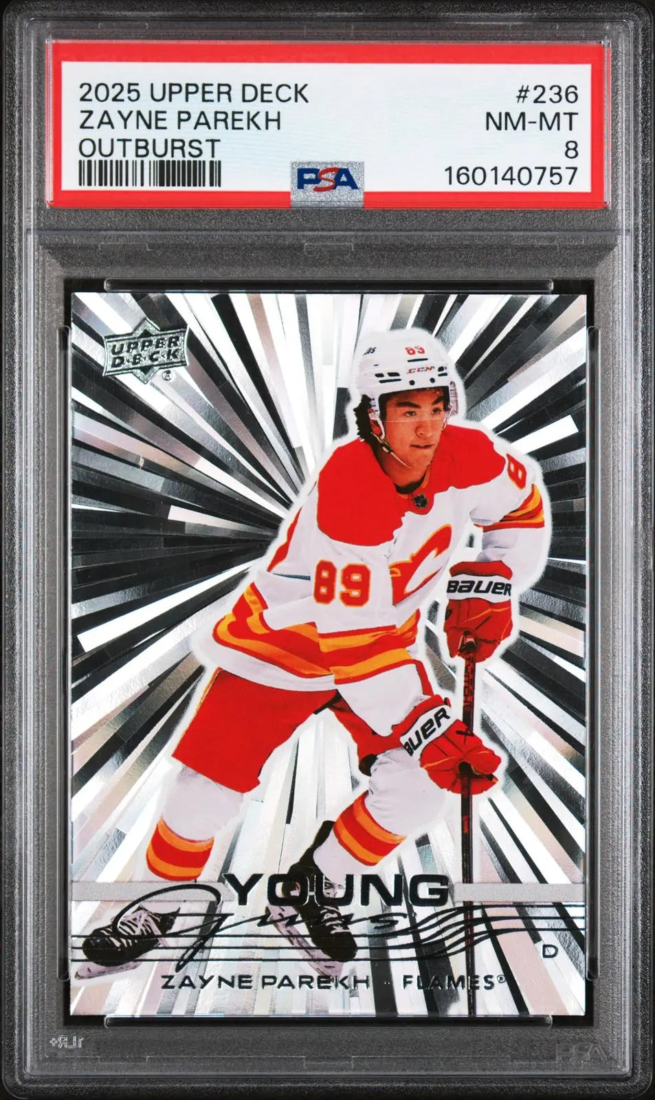 2025-26 Upper Deck Series 1 Rookie Young Guns Zayne Parekh Outburst PSA 8 