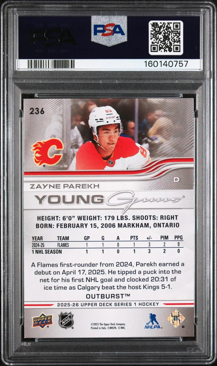 2025-26 Upper Deck Series 1 Rookie Young Guns Zayne Parekh Outburst PSA 8 
