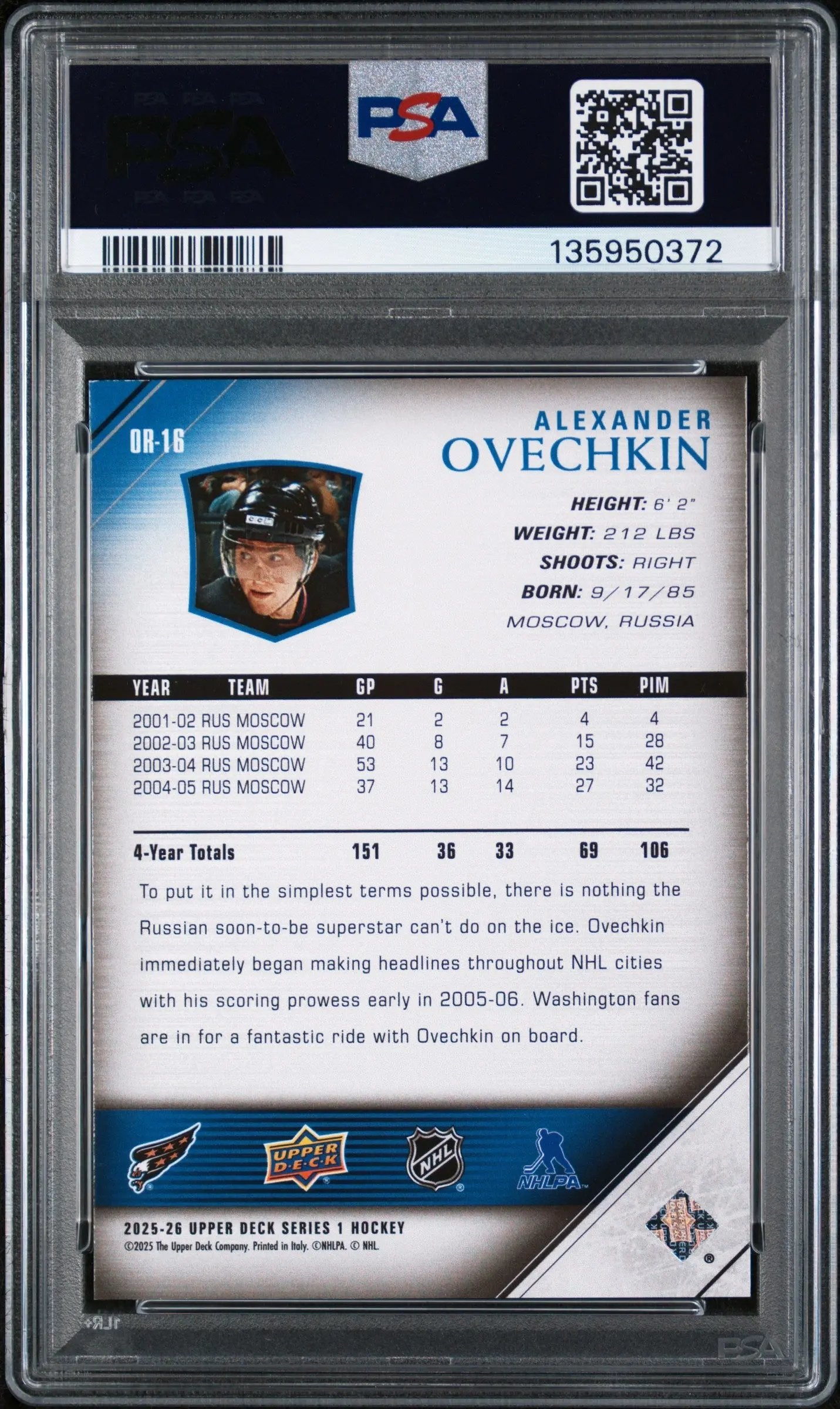 2025-26 Upper Deck Series 1 Silver Outburst Retro Young Guns Alex Ovechkin PSA 9 