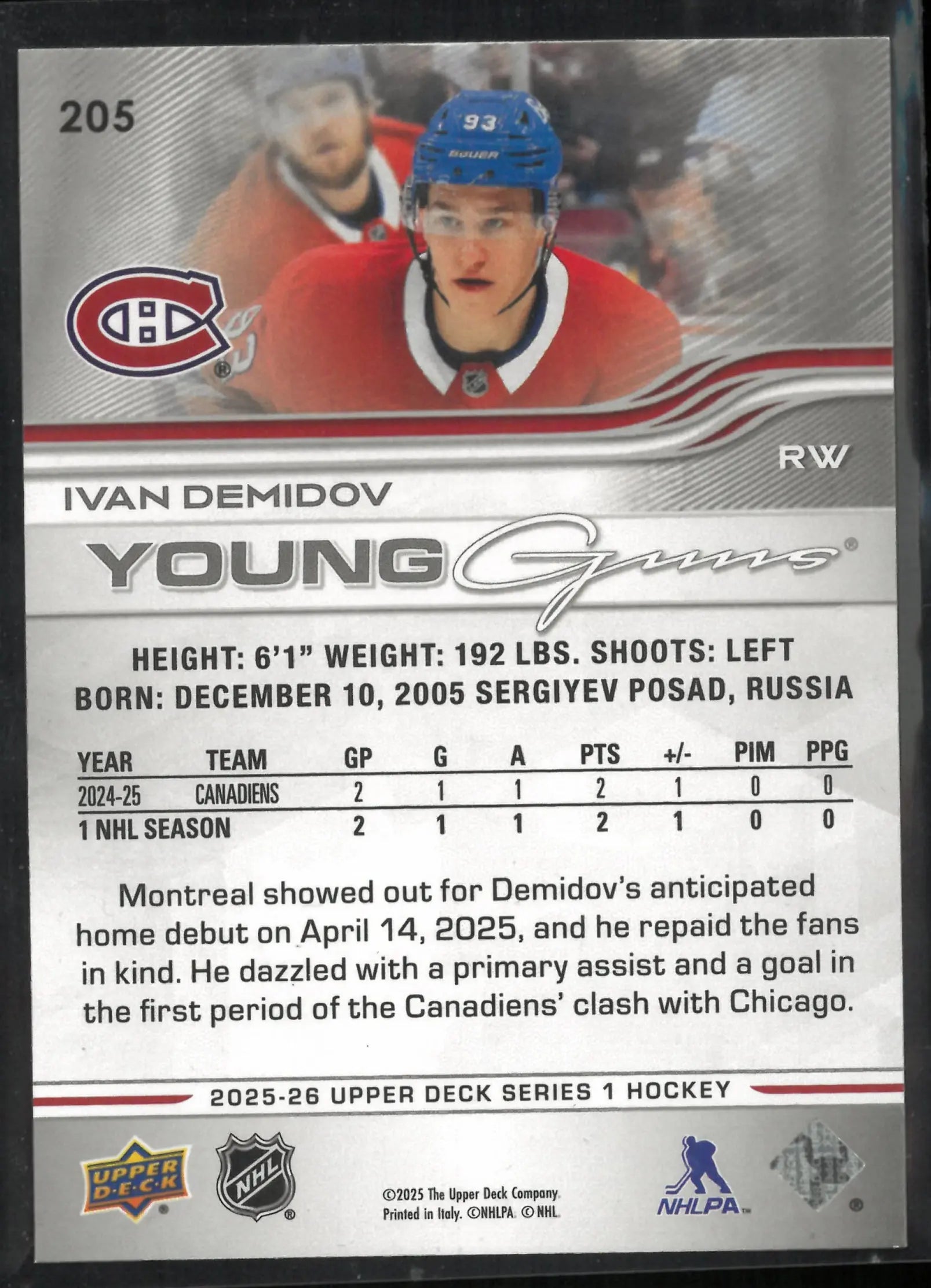 2025-26 Upper Deck Series 1 Young Guns Ivan Demidov 