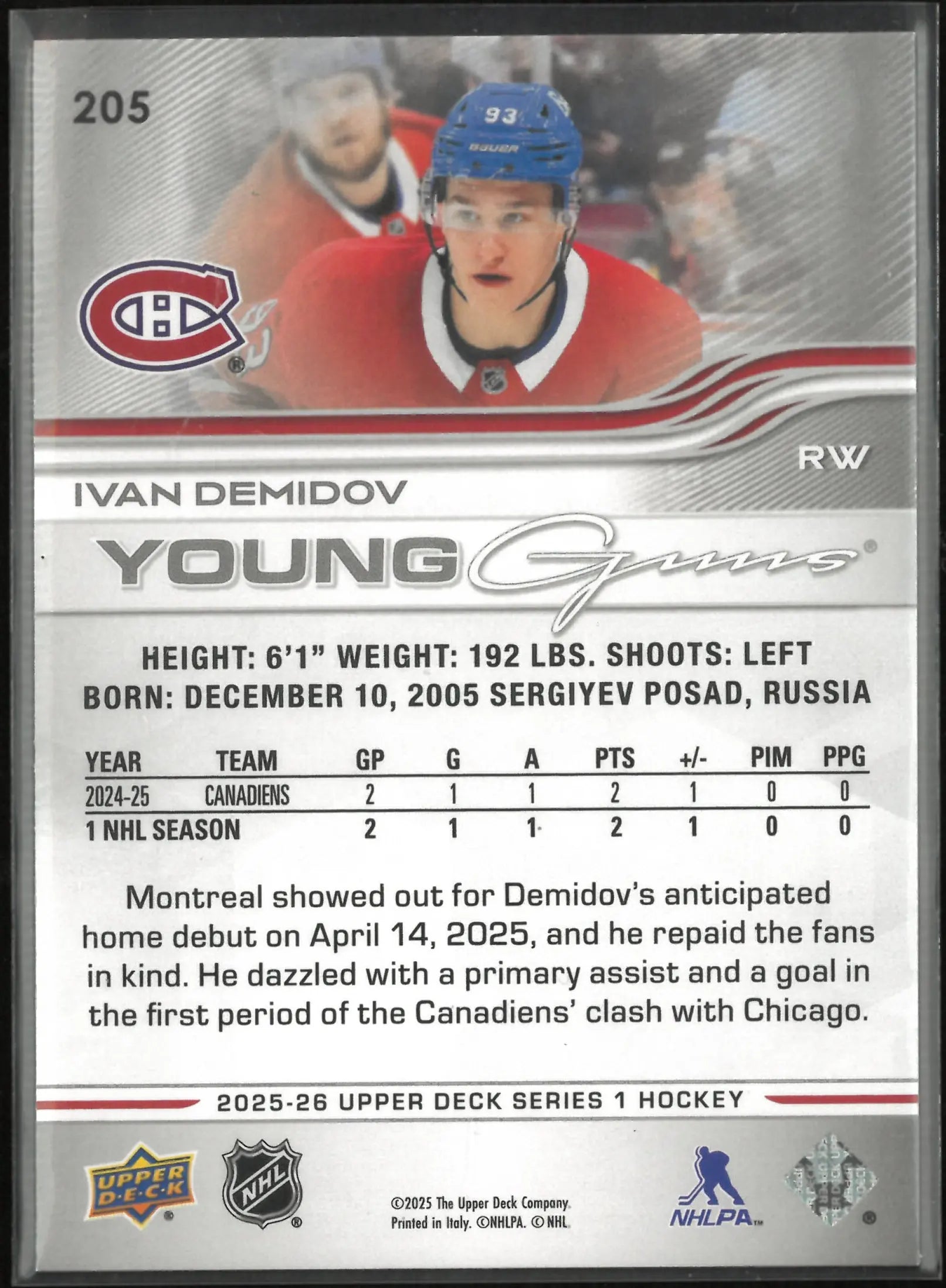 2025-26 Upper Deck Series 1 Young Guns Rookie Ivan Demidov RC 