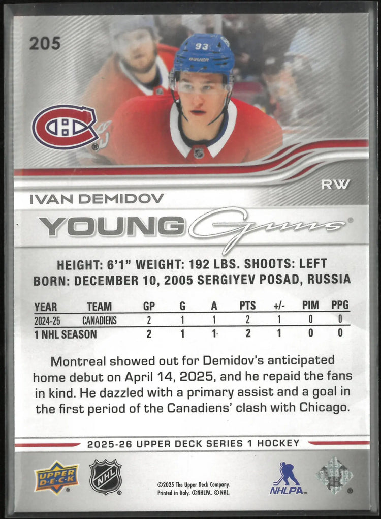2025-26 Upper Deck Series 1 Young Guns Rookie Ivan Demidov RC 