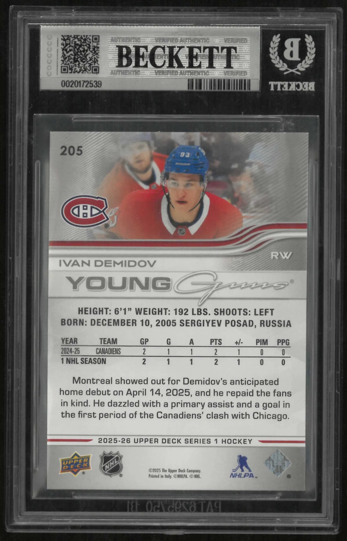 2025-26 Upper Deck Series 1 Young Guns Rookie Ivan Demidov RC BGS 9 