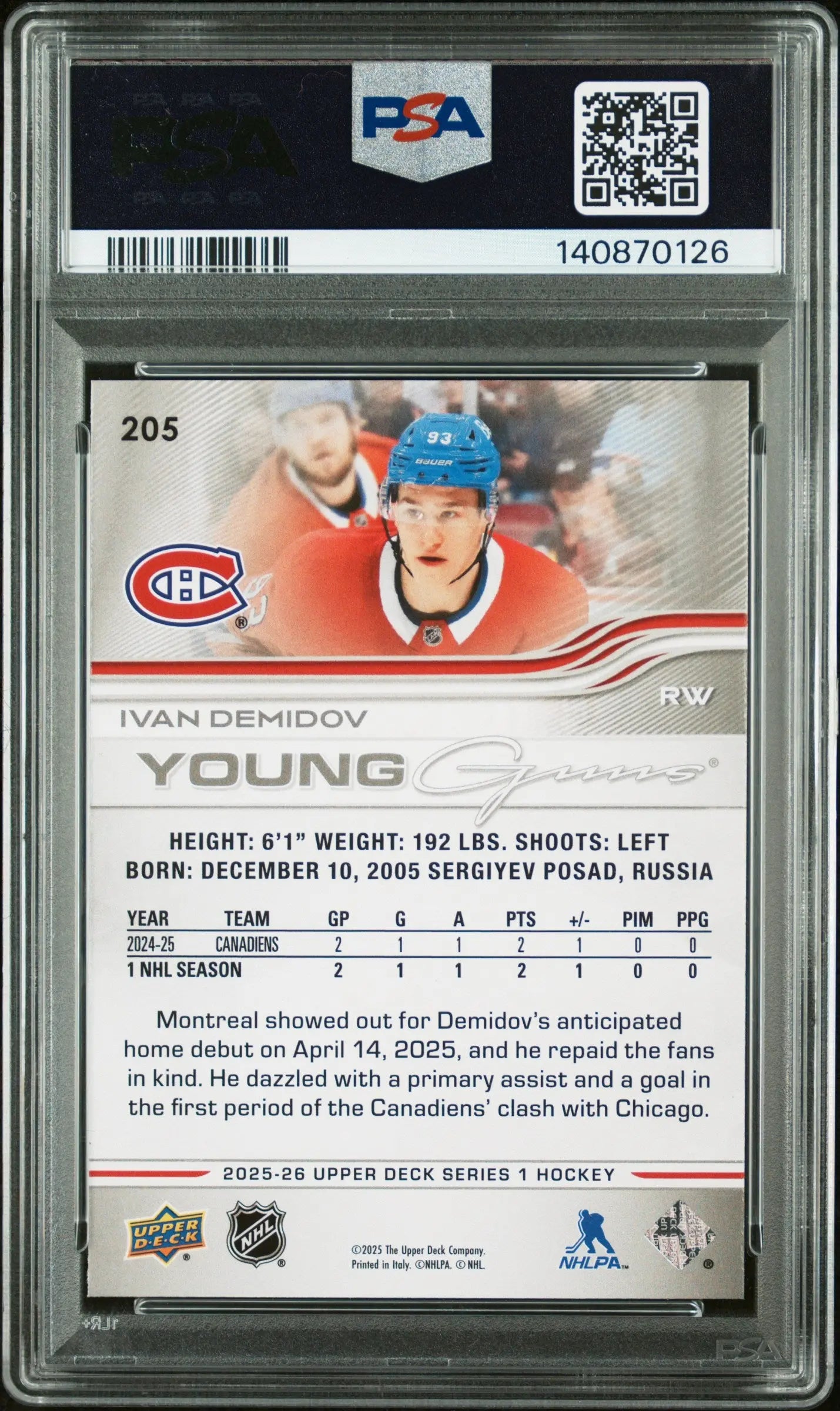 2025-26 Upper Deck Series 1 Young Guns Rookie Ivan Demidov RC PSA 9 