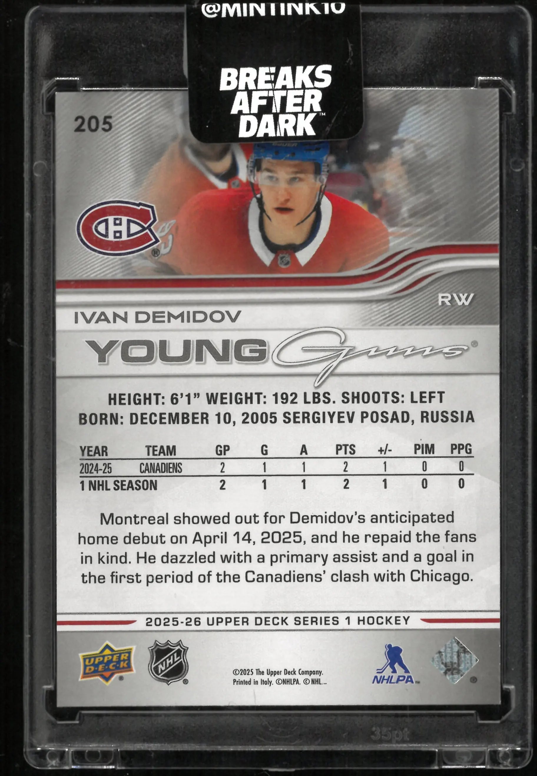 2025-26 Upper Deck Series 1 Young Guns Rookie RC Ivan Demidov 