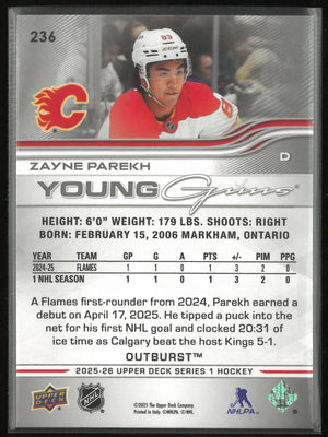 2025-26 Upper Deck Series 1 Young Guns Rookie Zayne Parekh Outburst RC 