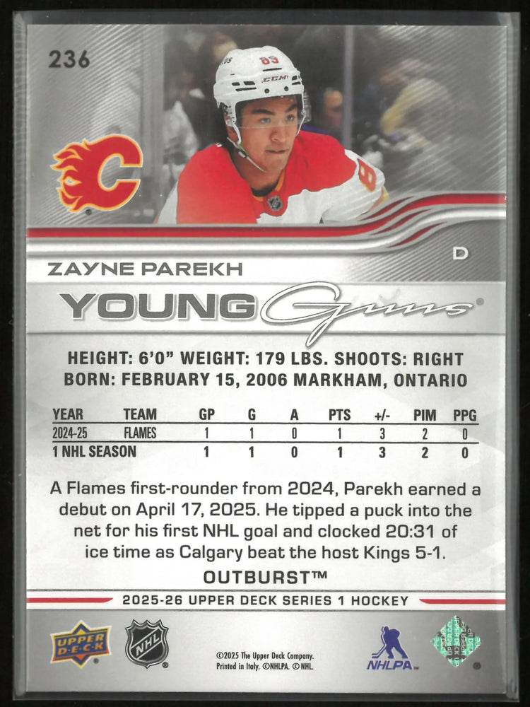 2025-26 Upper Deck Series 1 Young Guns Rookie Zayne Parekh Outburst RC 