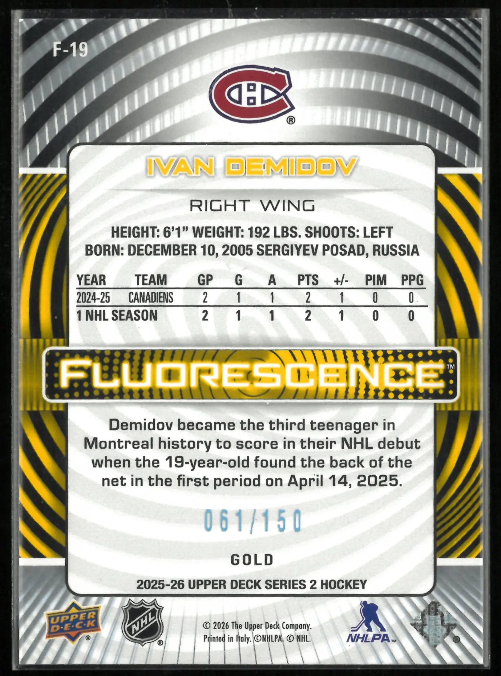 2025-26 Upper Deck Series 2 Fluorescence Ivan Demidov Gold /150 