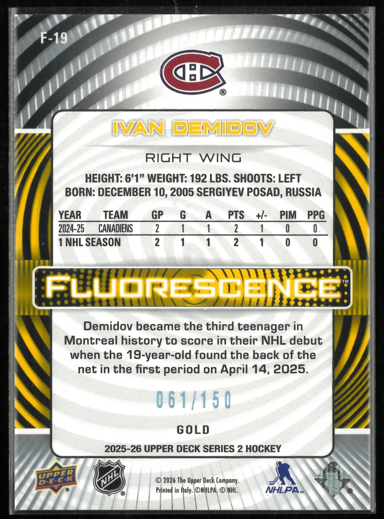 2025-26 Upper Deck Series 2 Fluorescence Ivan Demidov Gold /150 