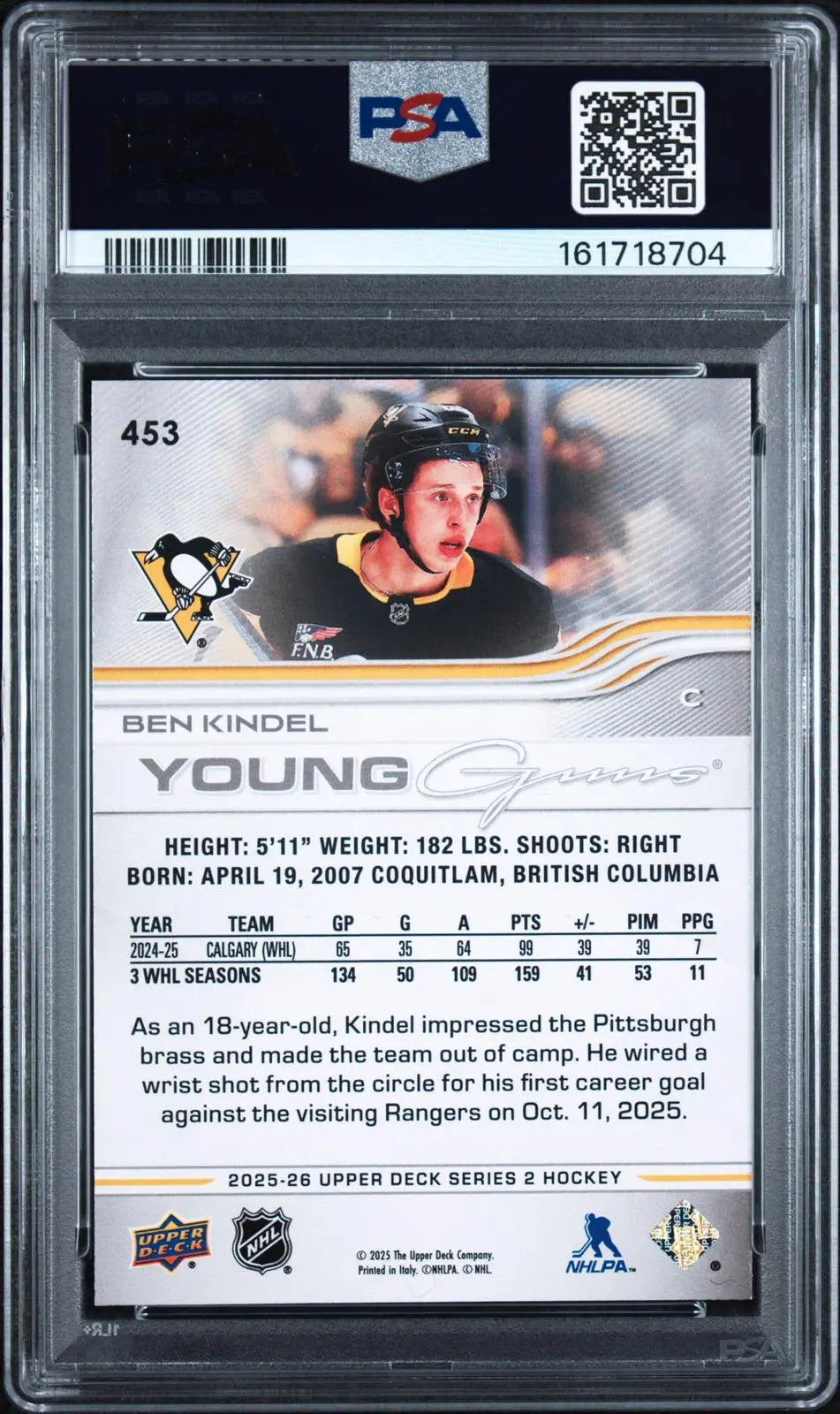 2025-26 Upper Deck Series 2 Hockey Rookie Young Guns Ben Kindel RC PSA 10 